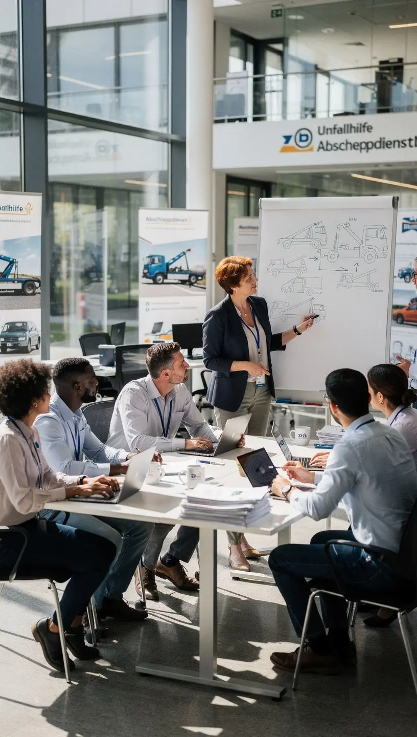 Beratungsgespräch zwischen einem Versicherungsexperten und einem Autofahrer im Büro eines Unfallhilfezentrums.